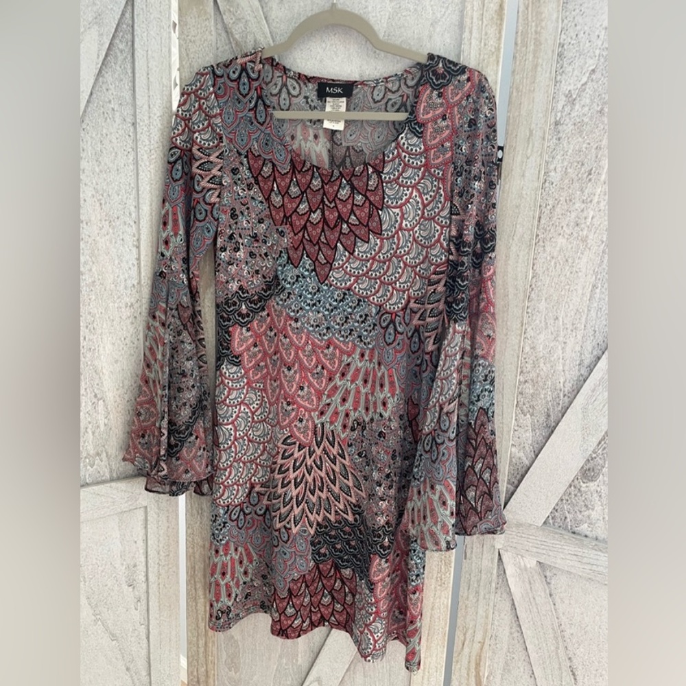 MSK Multicolor Abstract Bell Sleeve Round Neck stretch Dress womens small Autumn